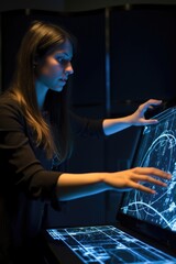 woman using a laptop with graphical interface projected onto it