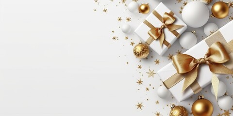 Christmas banner with white, red, gold balls on white background. Copy space. Xmas greeting card. Close up. Happy New Year