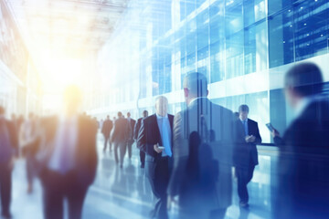 Blurred silhouettes of businessmen walking in an office glass building. Business world