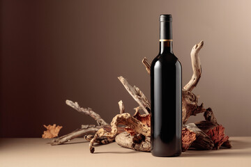 Wall Mural - Bottle of red wine with a composition of old wood.