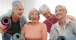 © SneakyPeakPoints/peopleimages.com - Yoga, class and face of senior happy people for retirement exercise, club membership and community wellness. Pilates friends, group portrait and elderly women at training, fitness and workout studio