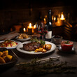 © Darya - Delicious rare cooked steak and potatoes with a glass of wine for dinner. Generative AI