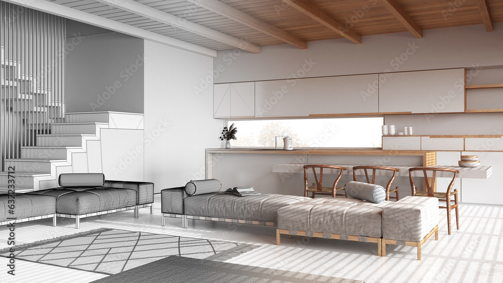 Architect interior designer concept: hand-drawn draft unfinished ...