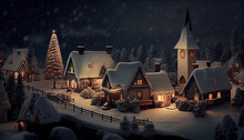 Christmas Landscape, Magical Village With Glowing Windows, Christmas Tree And Lots Of Snow. Abstract Illustration.