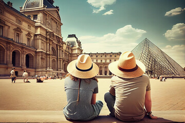 A man and a woman, a family young couple of tourists in straw sombrero hats, view from the back, admire the landscape. Generated by artificial intelligence.