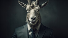Mountain Goat Long Hons Head Portrait Wearing Suit On Isolated Background