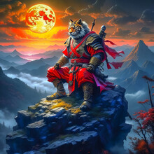 Noble Tiger Samurai In Armor, Tiger Samurai On The Mountain In The Full Moon