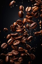 Roasted Coffee Bean Falling In The Air Against Dark Background. Generative AI