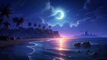 Moonlit Beach, Serene Beach Scene Bathed In Moonlight, With Gentle Waves And A Starry Sky Game Art