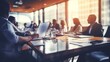 © Romana - business people meeting at table. Abstract blurred office interior space background. blue and orange colors. Business concept