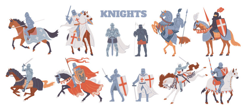 Wall Mural -  - Set of medieval knights and soldiers on horses, cartoon flat vector illustration isolated on white background.