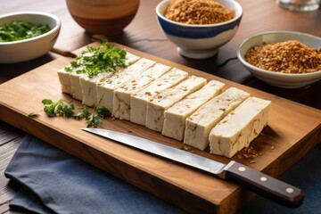 Sticker - sliced tofu on a board with knife