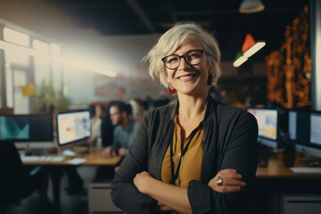 Portrait of a middle-aged woman working for an IT company. The woman sits at her desk in a modern spacious office and looks at the camera with a smile. Generated Ai