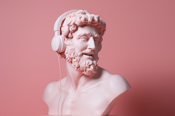 Ancient Greek sculpture of a smiling man in headphones listening to music.