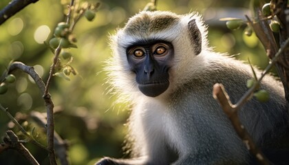 photo of a vervet monkey perched in a tree, captured in a close-up shot
