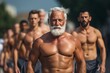 © Romana - many grown-up mature male adults with silver hair doing sports outside. Athletic training and bodies in old age