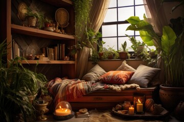 Poster - cozy meditation nook with cushions, plants, and incense