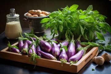 Sticker - fresh eggplants on board ready for roasting