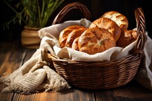 Bagels Arranged In A Basket With A Rustic Background