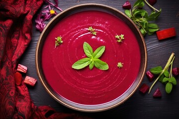 Canvas Print - top view of vibrant beetroot soup in a bowl