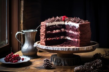 Poster - black forest gateau on a rustic cake stand