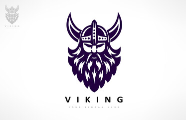 Viking and anchor logo. Scandinavian sailors symbol. Nordic warrior design. Horned Norseman symbol. Barbarian man head icon with horn helmet and beard.