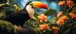 toucan on branches with leaves and colorful flowers Generative AI
