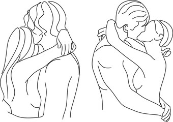 Wall Mural - Portrait of happy couple in continuous line art drawing style. Man in love put his arms around girlfriend. Love and friendship black linear sketch isolated on white background. Vector illustration