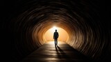 Fototapeta Przestrzenne - Man walking through a tunnel s silhouette
