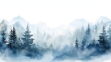 Watercolor Misty Forest Hill With Evergreen Trees Frozen Taiga Horizontal Watercolor Background