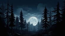 Halloween Forest With Spruce Trees Under A Mysterious Full Moon