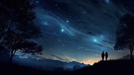 Wall Mural - people observing the milky way in silhouette
