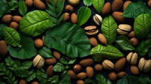  Nuts, Leaves, And Nutshells On A Black Background.  Generative Ai