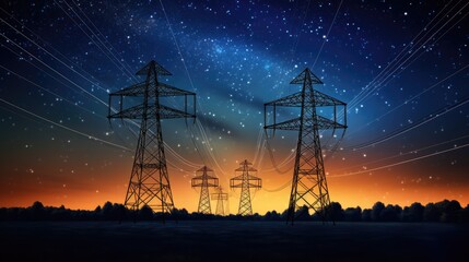 Canvas Print - Energy infrastructure concept Transmission towers with luminous orange wires against a starry night backdrop