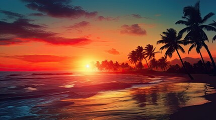Poster - Vibrant tropical island sunset with a golden reflection on the ocean palm trees silhouette and colorful sky Perfect for a summer getaway