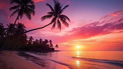Poster - Travel and vacation time is enhanced by a serene tropical beach scene featuring a palm tree pink sky and beautiful sunset