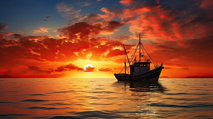 Sticker - Scenic moment small fishing ship at sunset sailing amidst clouds