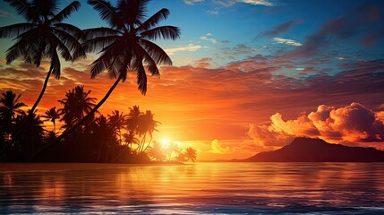 Poster - Vibrant tropical island sunset with a golden reflection on the ocean palm trees silhouette and colorful sky Perfect for a summer getaway