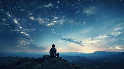 Wall Mural - young traveler and backpacker admired the night sky while alone on the mountain top finding joy in t