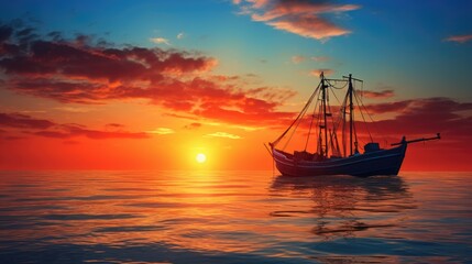 Aufkleber - Scenic moment small fishing ship at sunset sailing amidst clouds
