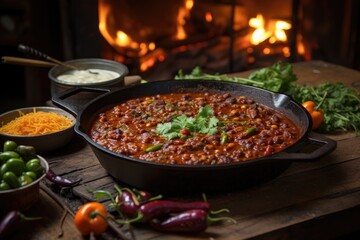 Wall Mural - chili cooking in a cast iron skillet