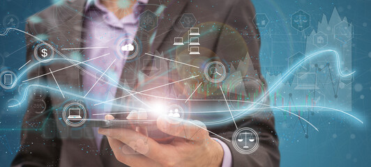 Poster - Double exposure of man's hands holding and using a phone and social network theme drawing.