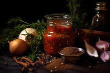 Chutney In Glass Jar With Herbs And Spices