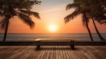 Aufkleber - Wooden table on the beach with sea view during sunset or sunrise silhouette of tropical tree on terrace idyllic seashore