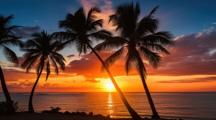 Poster - Palm trees silhouette against a stunning background of a tropical sunset beach
