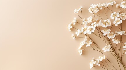 Poster - Flat beige Gypsophila flower template for text message Minimalist horizontal long background