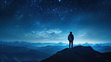 Wall Mural - young traveler and backpacker admired the night sky while alone on the mountain top finding joy in t