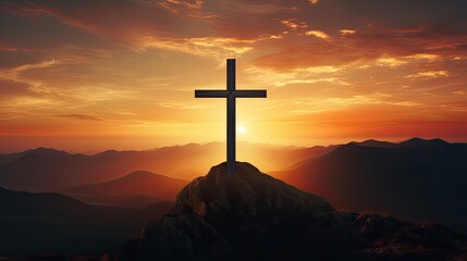 Poster - Cross silhouette against sunset sky