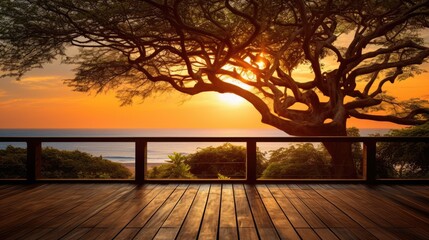 Aufkleber - Wooden table on the beach with sea view during sunset or sunrise silhouette of tropical tree on terrace idyllic seashore