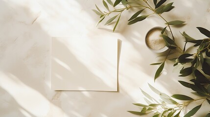 Poster - Summer wedding stationery mock up scene with a blank greeting card wooden plate and olive tree leaves and branches in sunlight White table background with palm shadows Femi